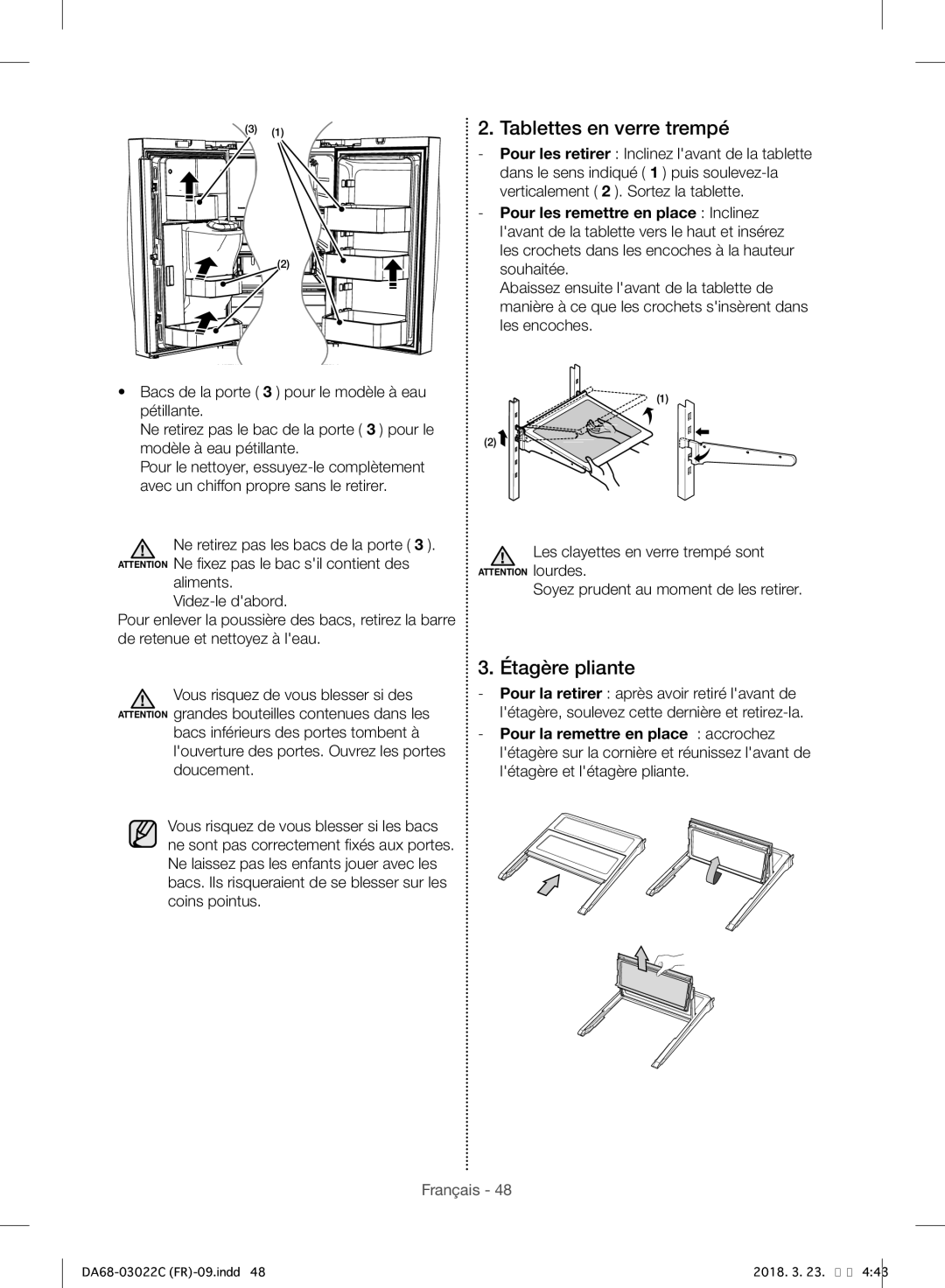 Samsung RF24HSESBSR/EF manual Tablettes en verre trempé, Étagère pliante 