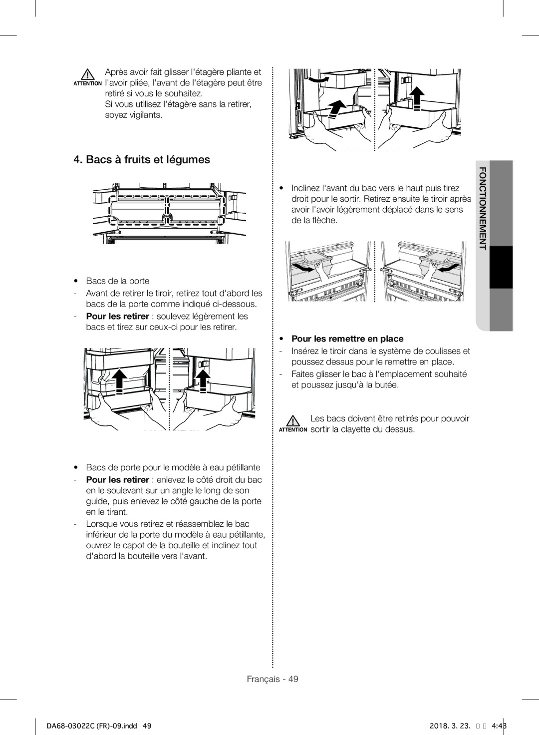 Samsung RF24HSESBSR/EF manual Bacs à fruits et légumes, Pour les remettre en place 