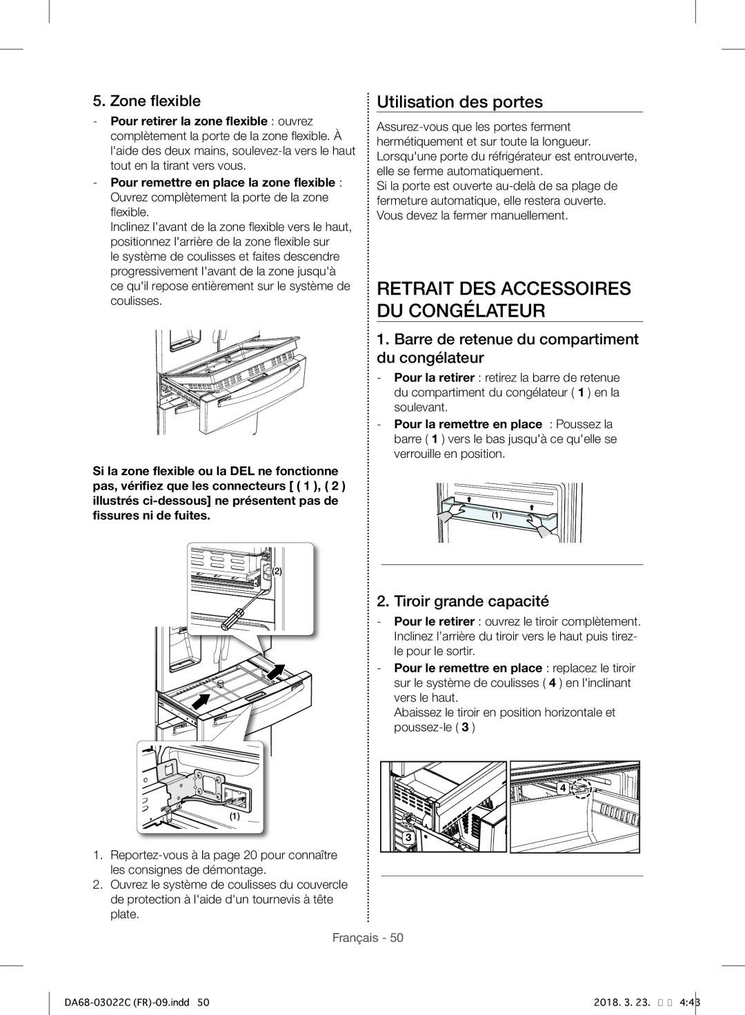 Samsung RF24HSESBSR/EF manual Retrait DES Accessoires DU Congélateur, Utilisation des portes, Zone flexible 