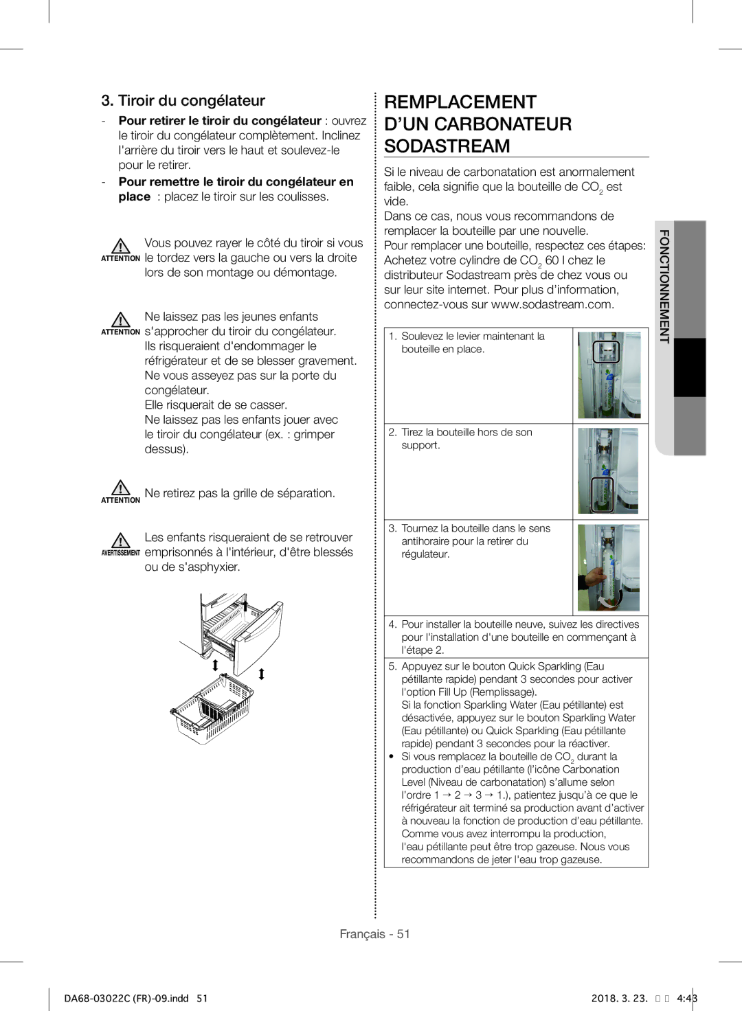 Samsung RF24HSESBSR/EF manual Remplacement ’UN Carbonateur Sodastream, Tiroir du congélateur 