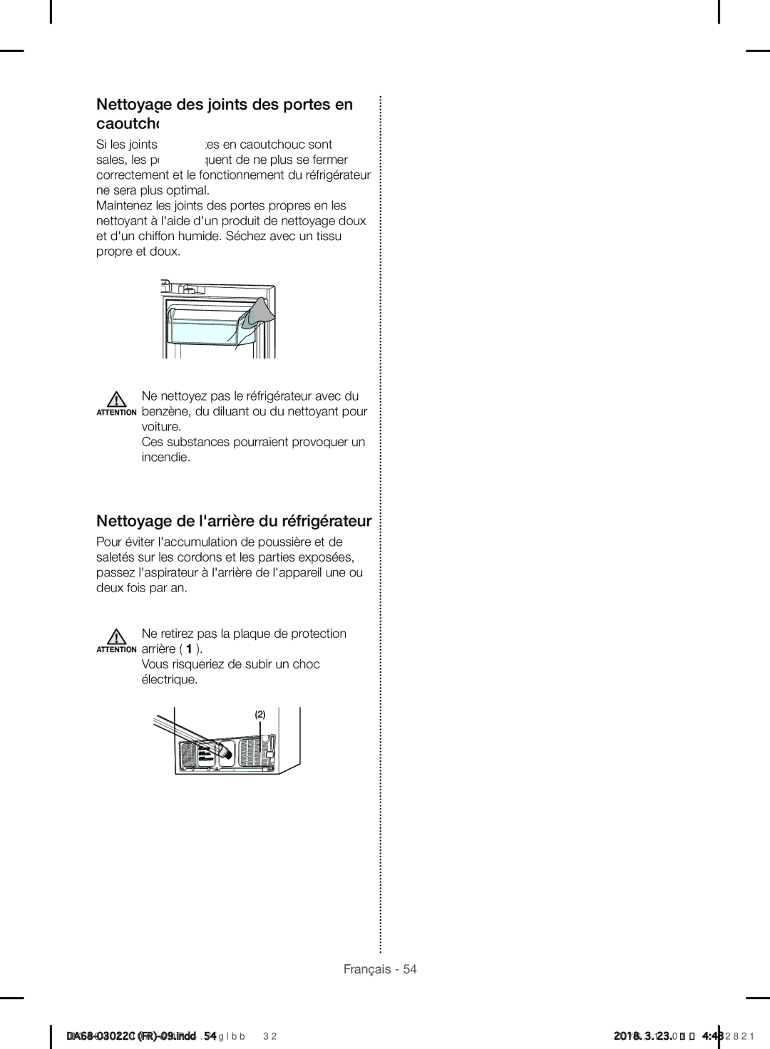 Samsung RF24HSESBSR/EF manual Nettoyage des joints des portes en caoutchouc, Nettoyage de larrière du réfrigérateur 