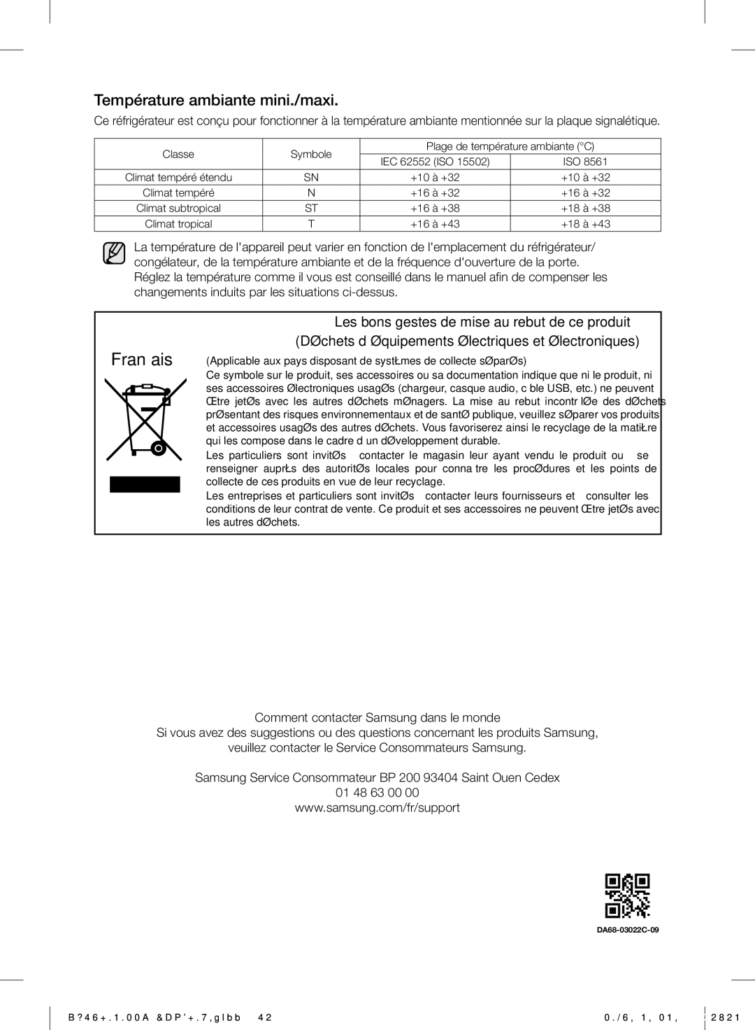 Samsung RF24HSESBSR/EF manual Température ambiante mini./maxi 