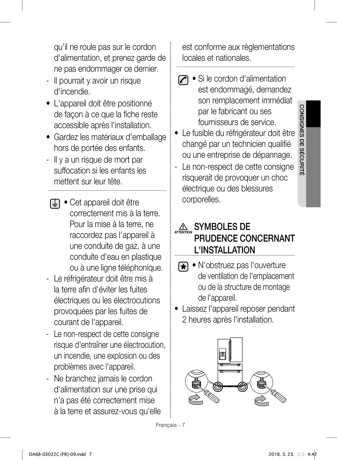 Samsung RF24HSESBSR/EF manual Symboles DE, Il pourrait y avoir un risque dincendie 