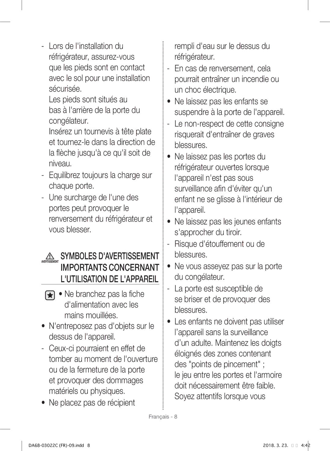 Samsung RF24HSESBSR/EF manual Nentreposez pas dobjets sur le dessus de lappareil 