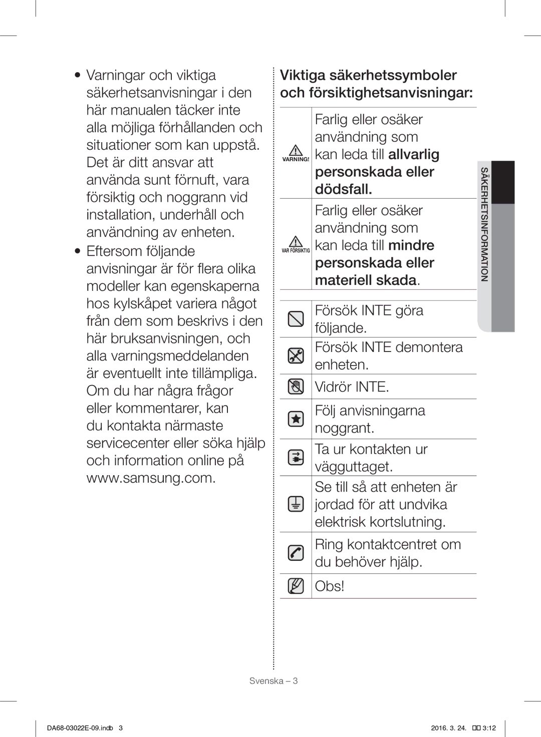 Samsung RF24HSESCSR/EE manual Säkerhetsinformation 