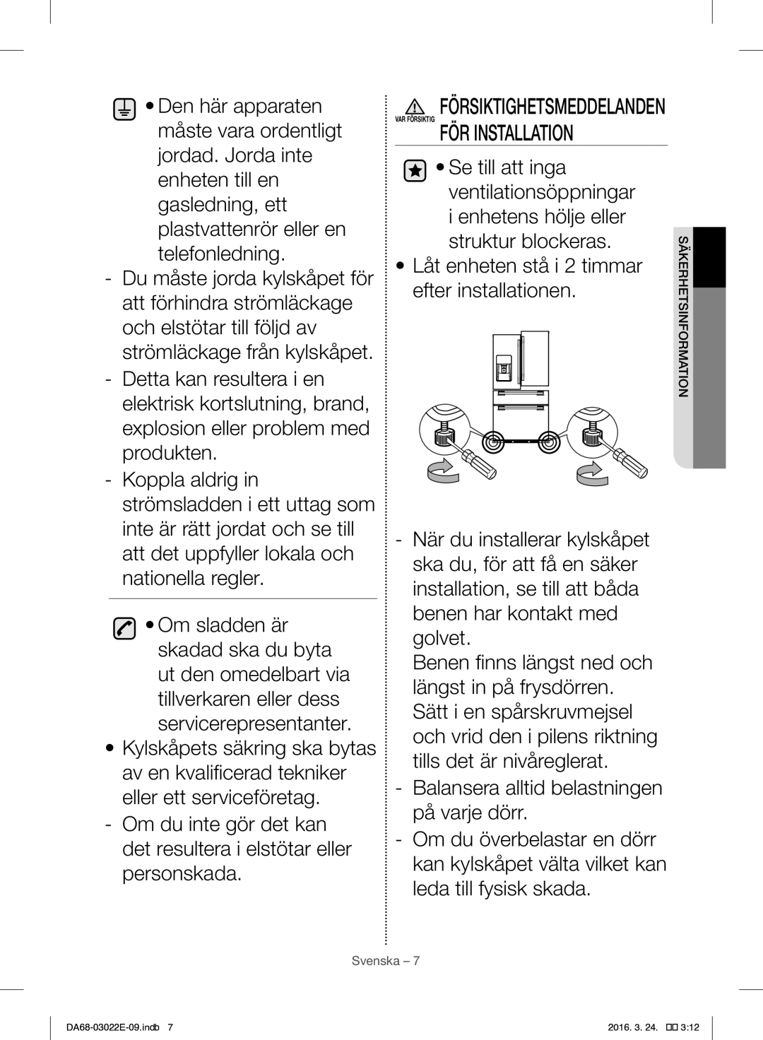 Samsung RF24HSESCSR/EE manual Försiktighetsmeddelanden VAR Försiktig FÖR Installation 