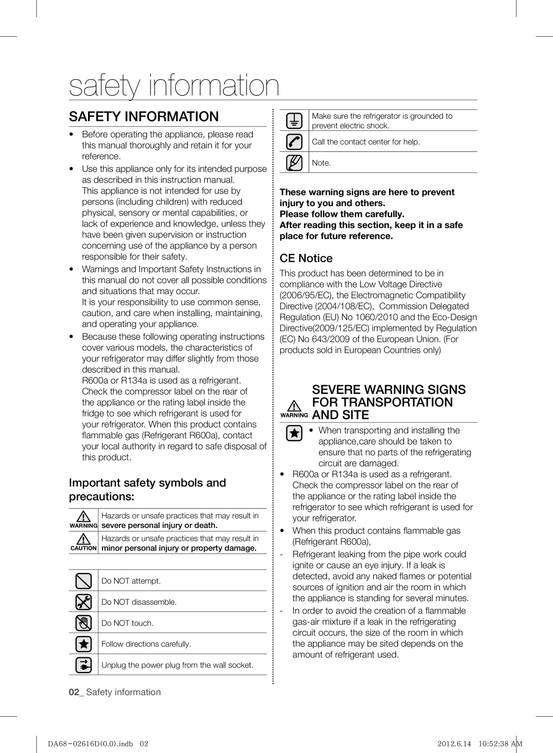 Samsung RF260BEAESL/TA manual Safety information, Safety Information, Severe Warning Signs for Transportation, CE Notice 