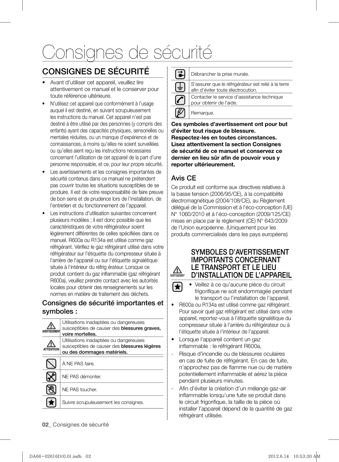 Samsung RF260BEAESL/TA Consignes de sécurité, Consignes DE Sécurité, Avertissement D’INSTALLATION DE L’APPAREIL, Avis CE 