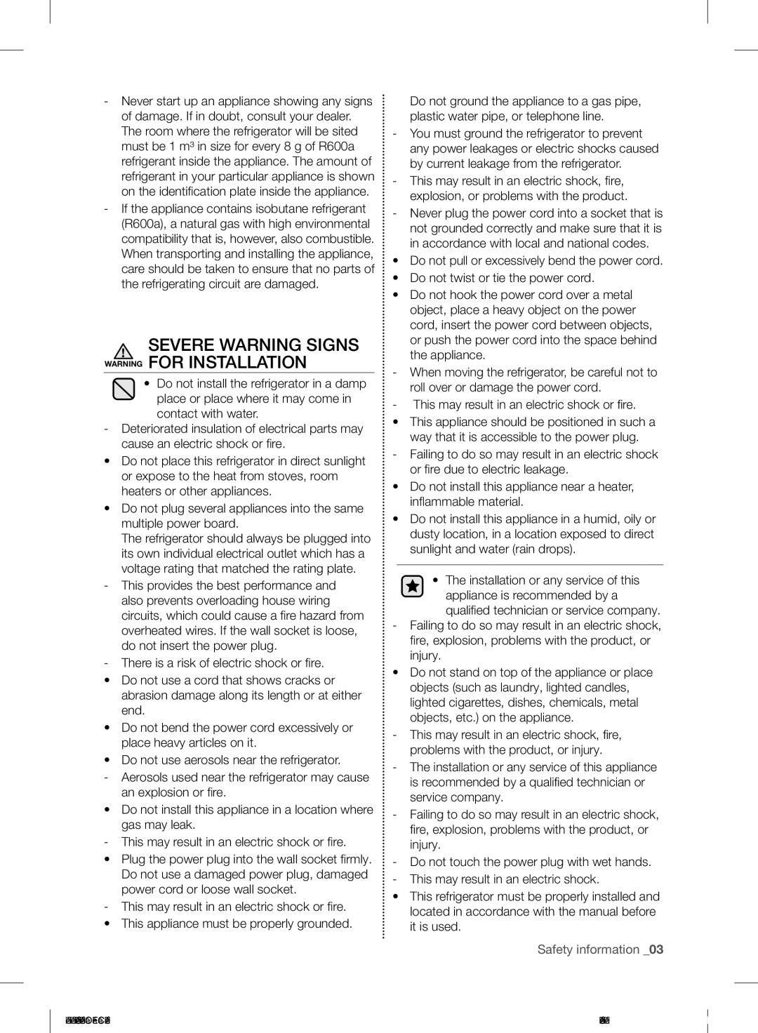 Samsung RF260BEAESL/TA manual Severe Warning Signs Warning for Installation 