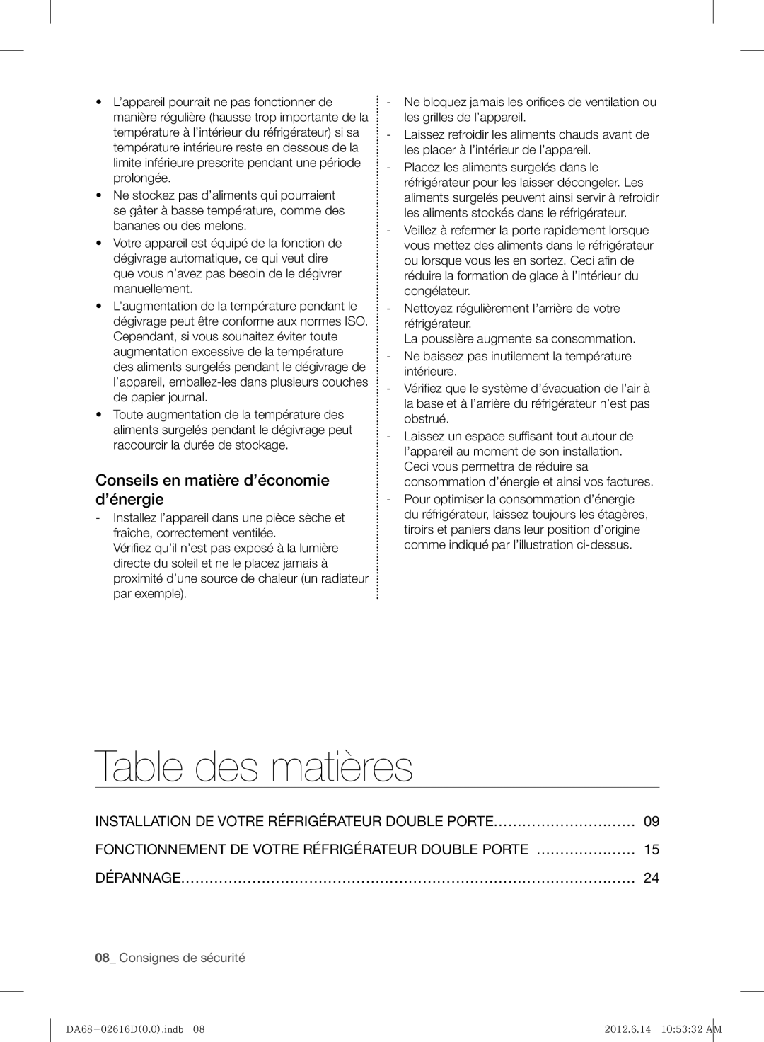 Samsung RF260BEAESL/TA manual Table des matières, Conseils en matière d’économie d’énergie 