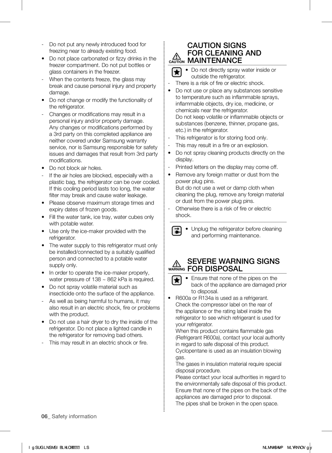 Samsung RF260BEAESL/TA manual Severe Warning Signs Warning for Disposal, Pipes shall be broken in the open space 