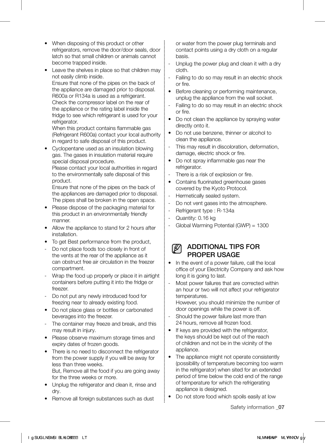 Samsung RF260BEAESL/TA manual Additional Tips for Proper Usage 