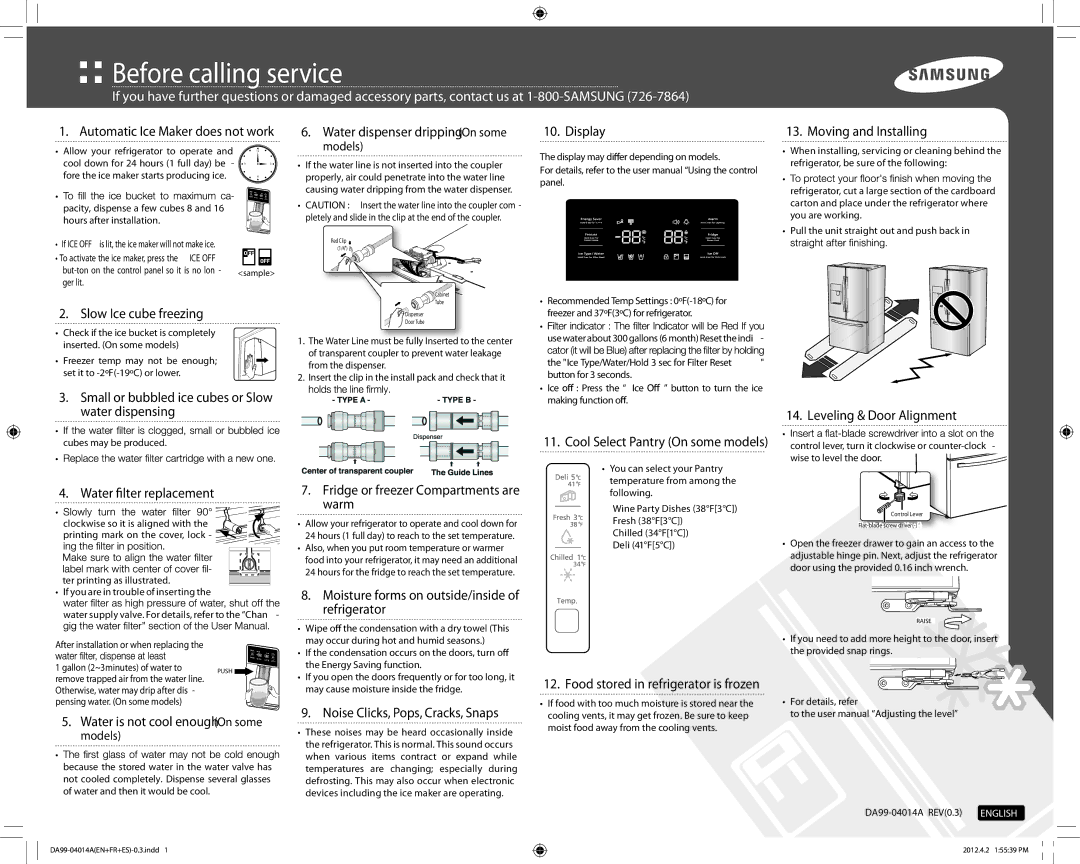 Samsung RF260BEAESP/ML manual Automatic Ice Maker does not work, Slow Ice cube freezing, Water ﬁlter replacement 