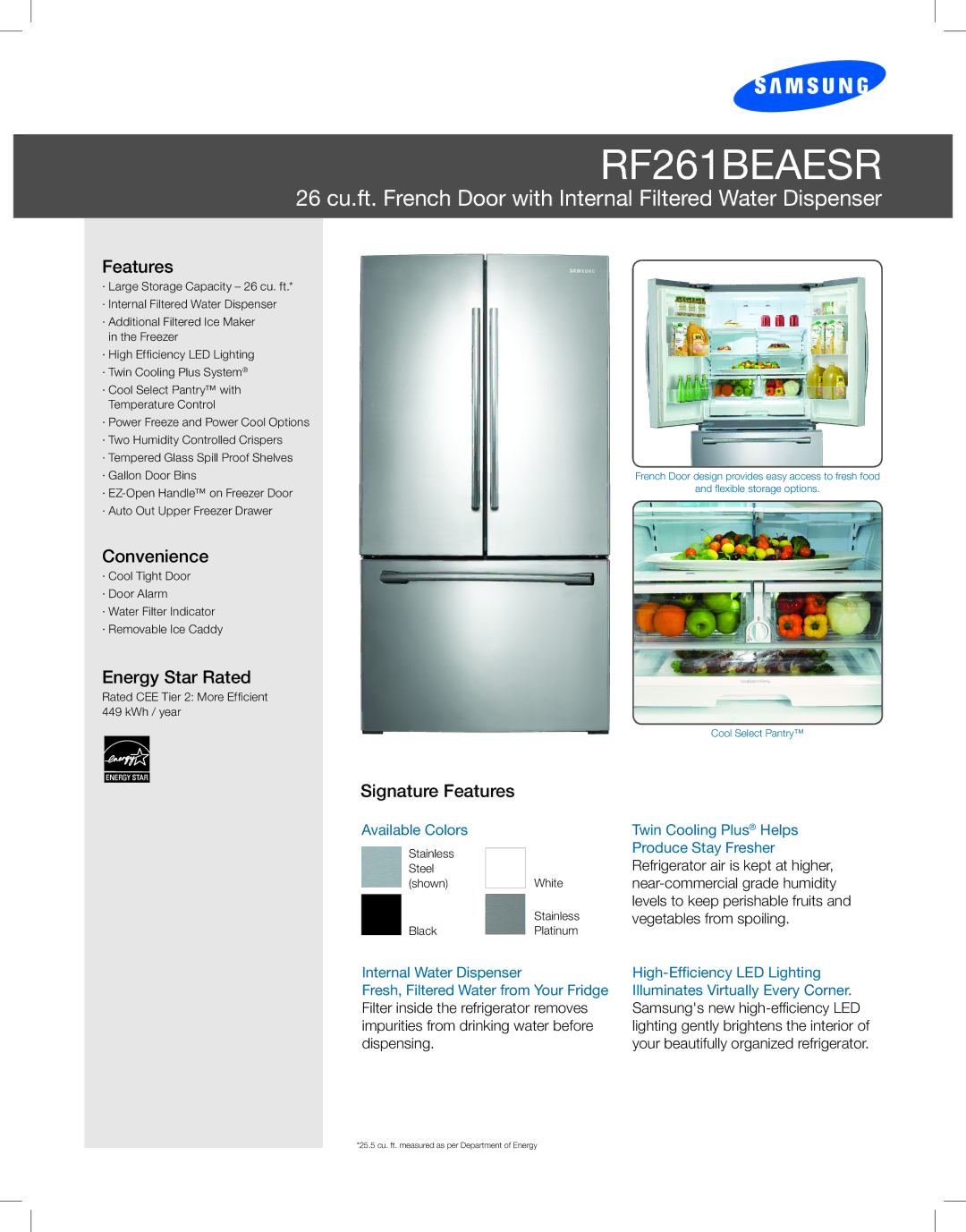 Samsung RF261BEAESR manual Convenience, Energy Star Rated, Signature Features 