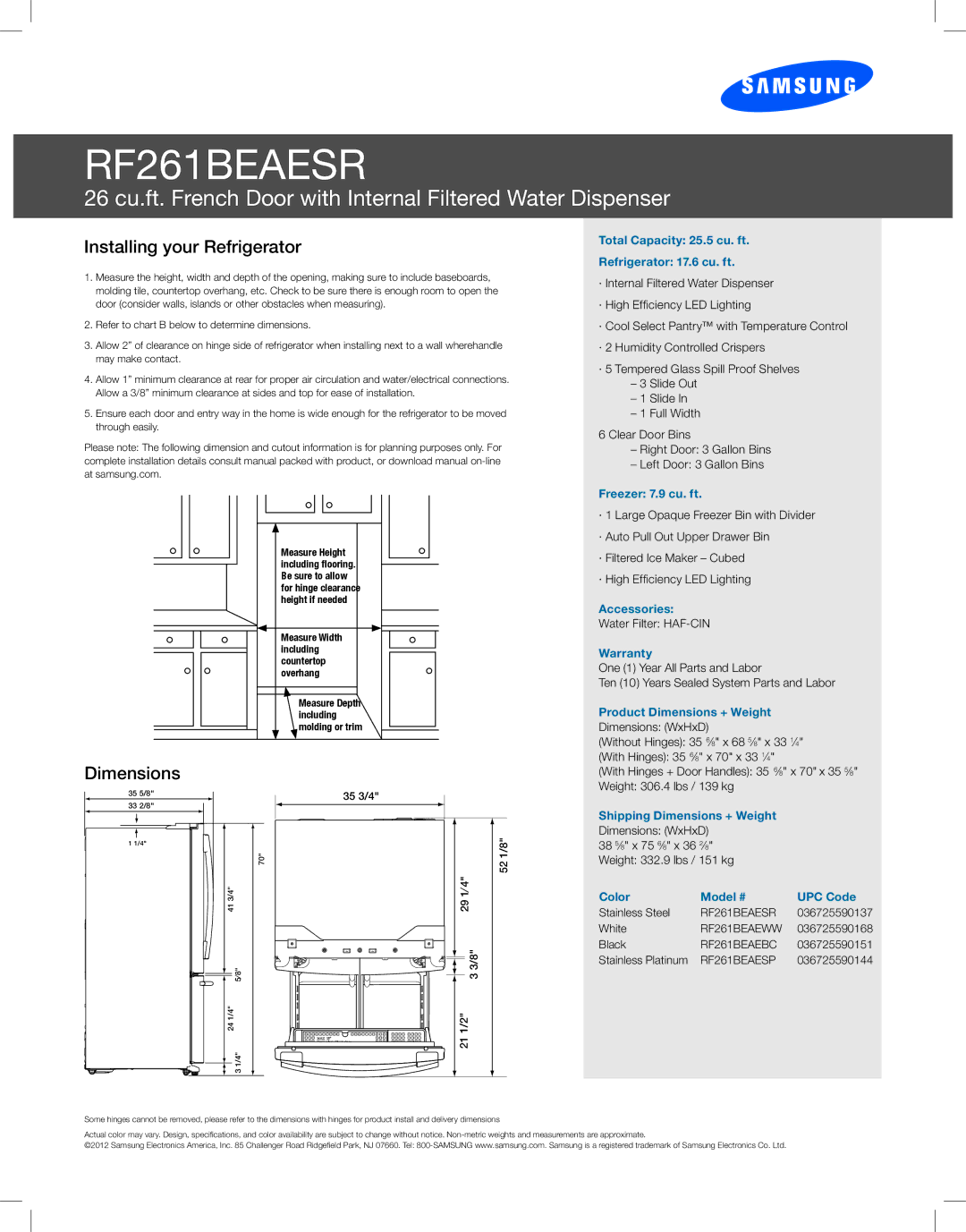 Samsung RF261BEAESR manual Installing your Refrigerator, Dimensions 