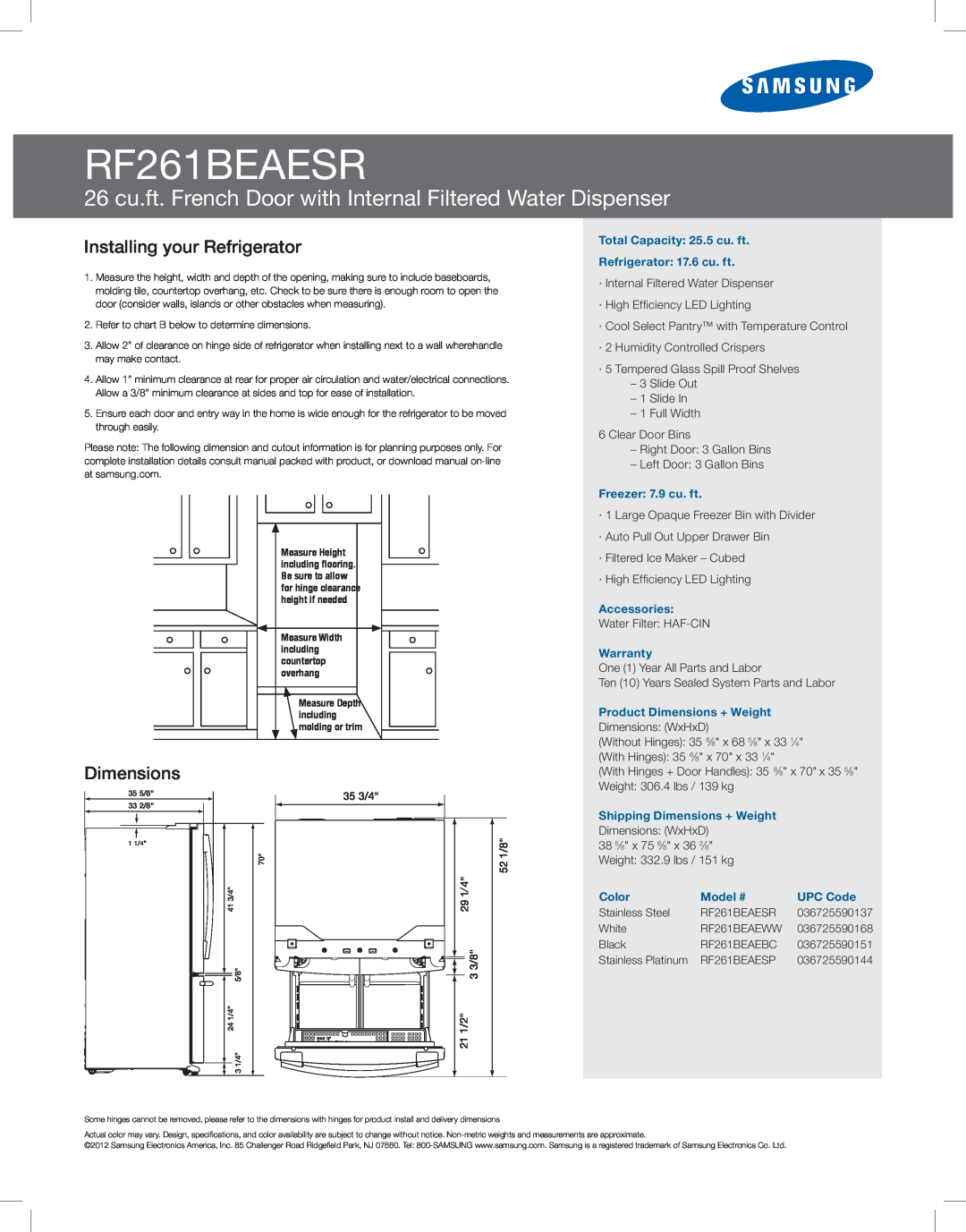 Samsung RF261BEAESR manual Installing your Refrigerator, Dimensions 