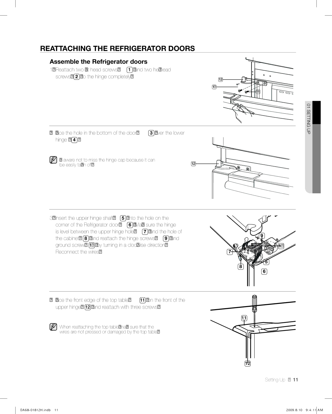 Samsung RF263 user manual Reattaching the Refrigerator Doors, Assemble the Refrigerator doors 