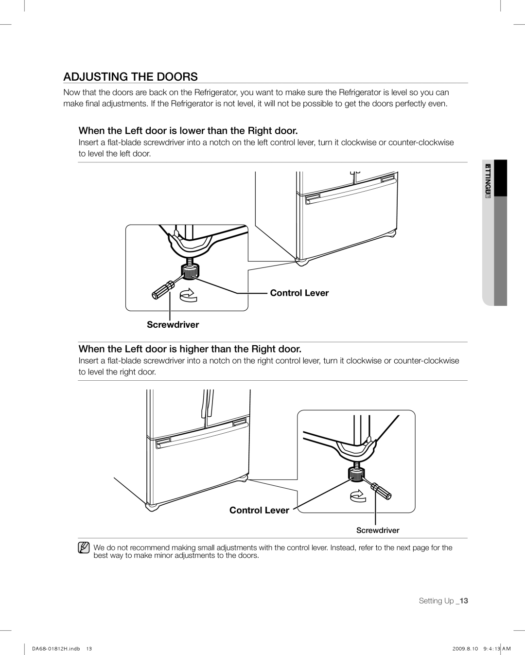 Samsung RF263 user manual Adjusting the doors, When the Left door is lower than the Right door 