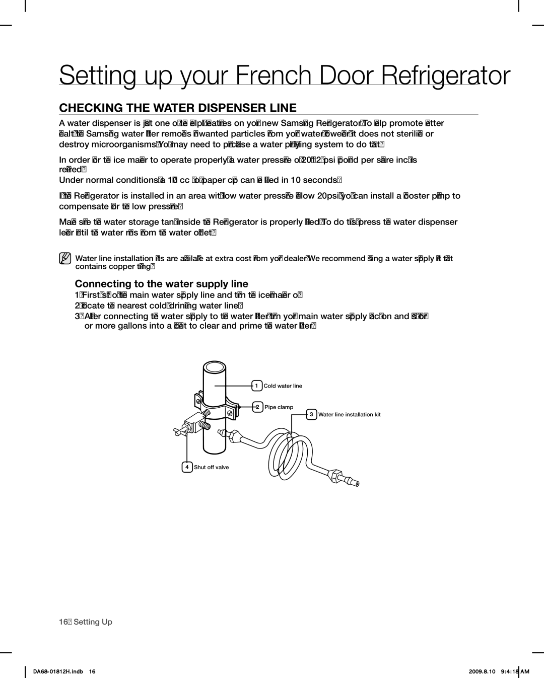 Samsung RF263 user manual Checking the Water Dispenser Line, Connecting to the water supply line 