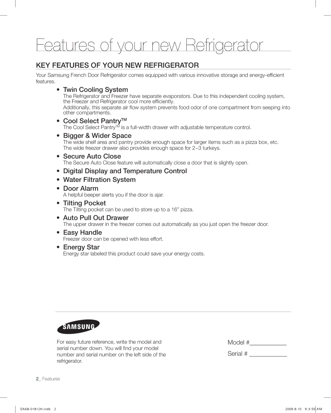 Samsung RF263 user manual Features of your new Refrigerator, Key features of your new refrigerator, Model #, Serial # 