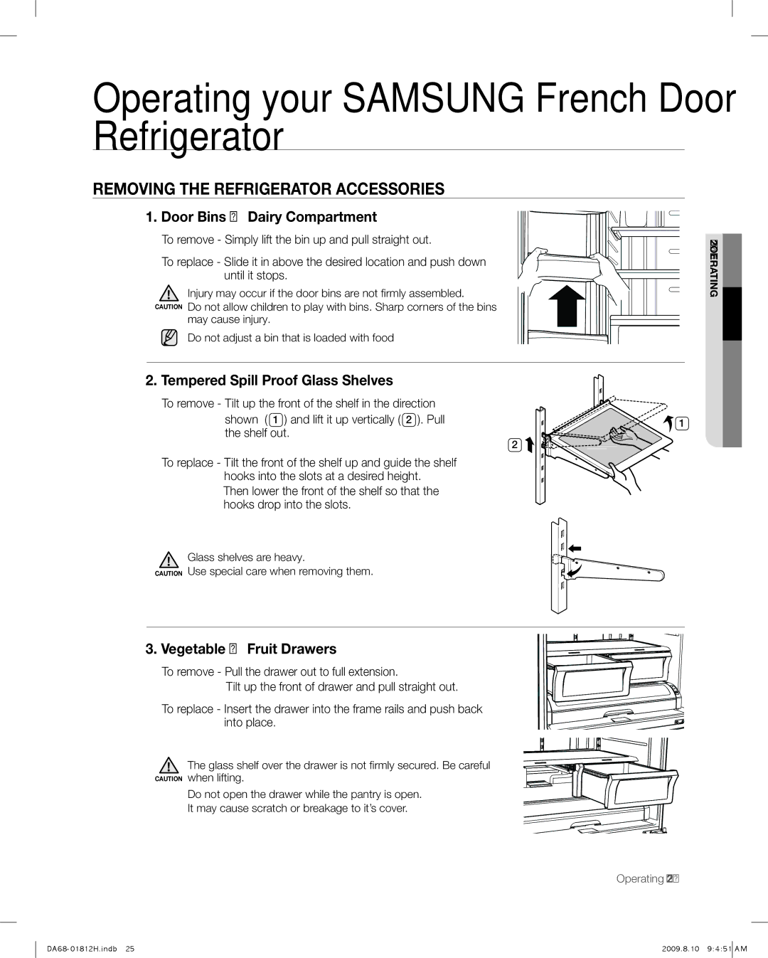 Samsung RF263 Removing the Refrigerator Accessories, Door Bins & Dairy Compartment, Tempered Spill Proof Glass Shelves 