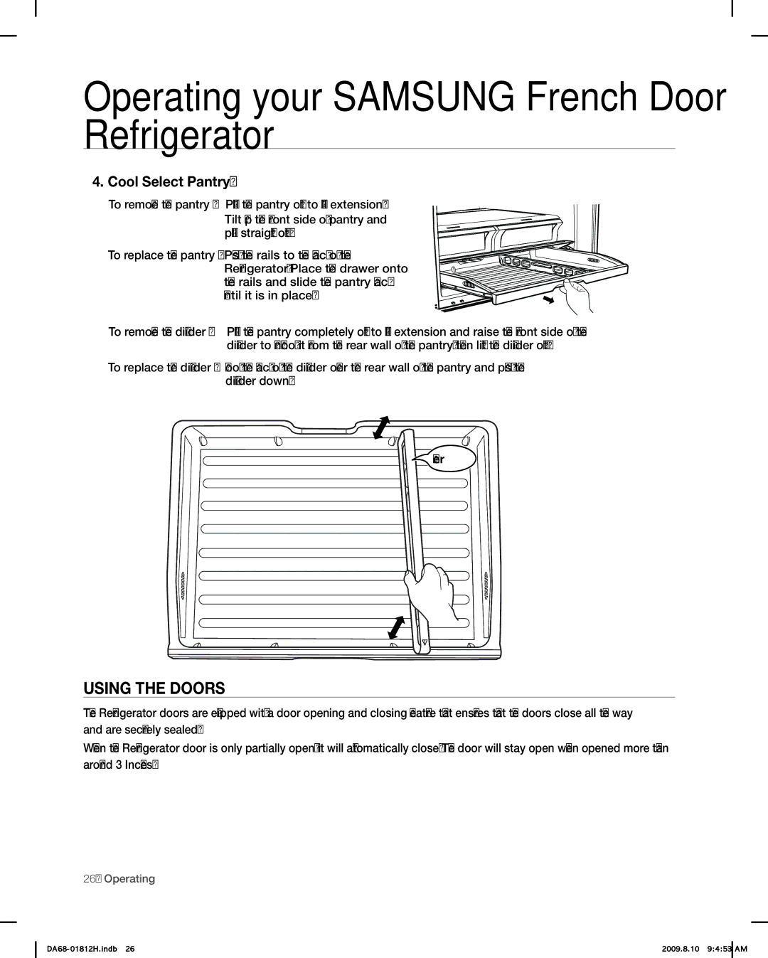 Samsung RF263 user manual Using the Doors, Cool Select Pantry 