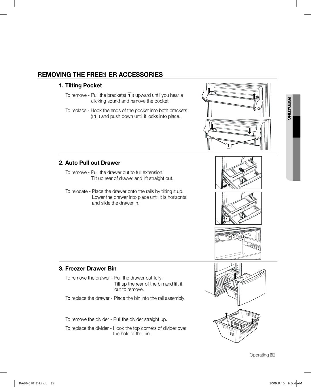 Samsung RF263 user manual Removing the Freezer Accessories, Tilting Pocket, Auto Pull out Drawer, Freezer Drawer Bin 