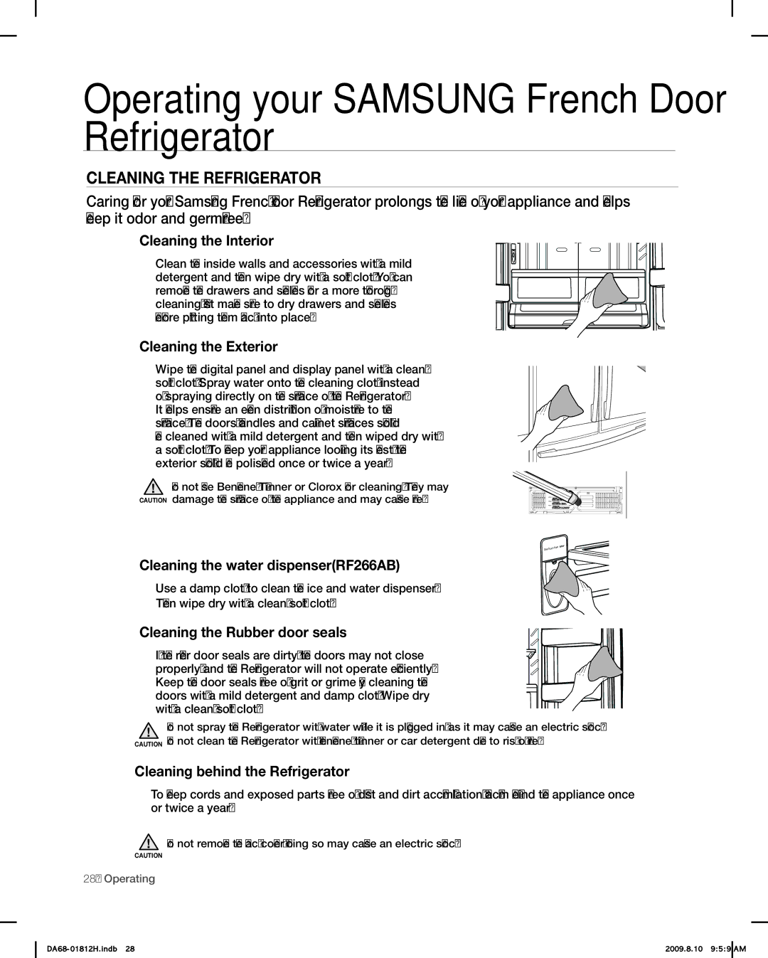 Samsung RF263 user manual Cleaning the Refrigerator 