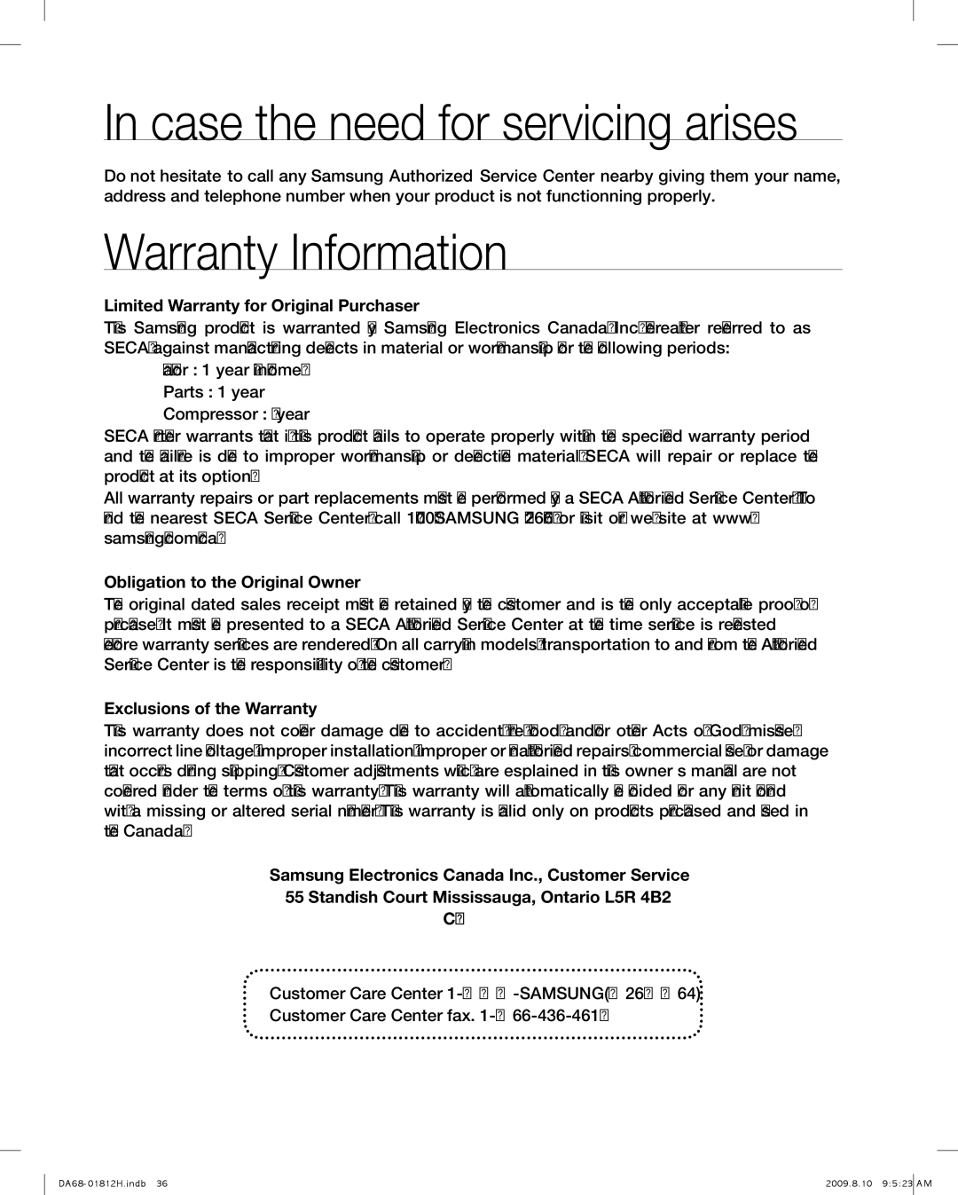 Samsung RF263 user manual Case the need for servicing arises, Warranty Information 