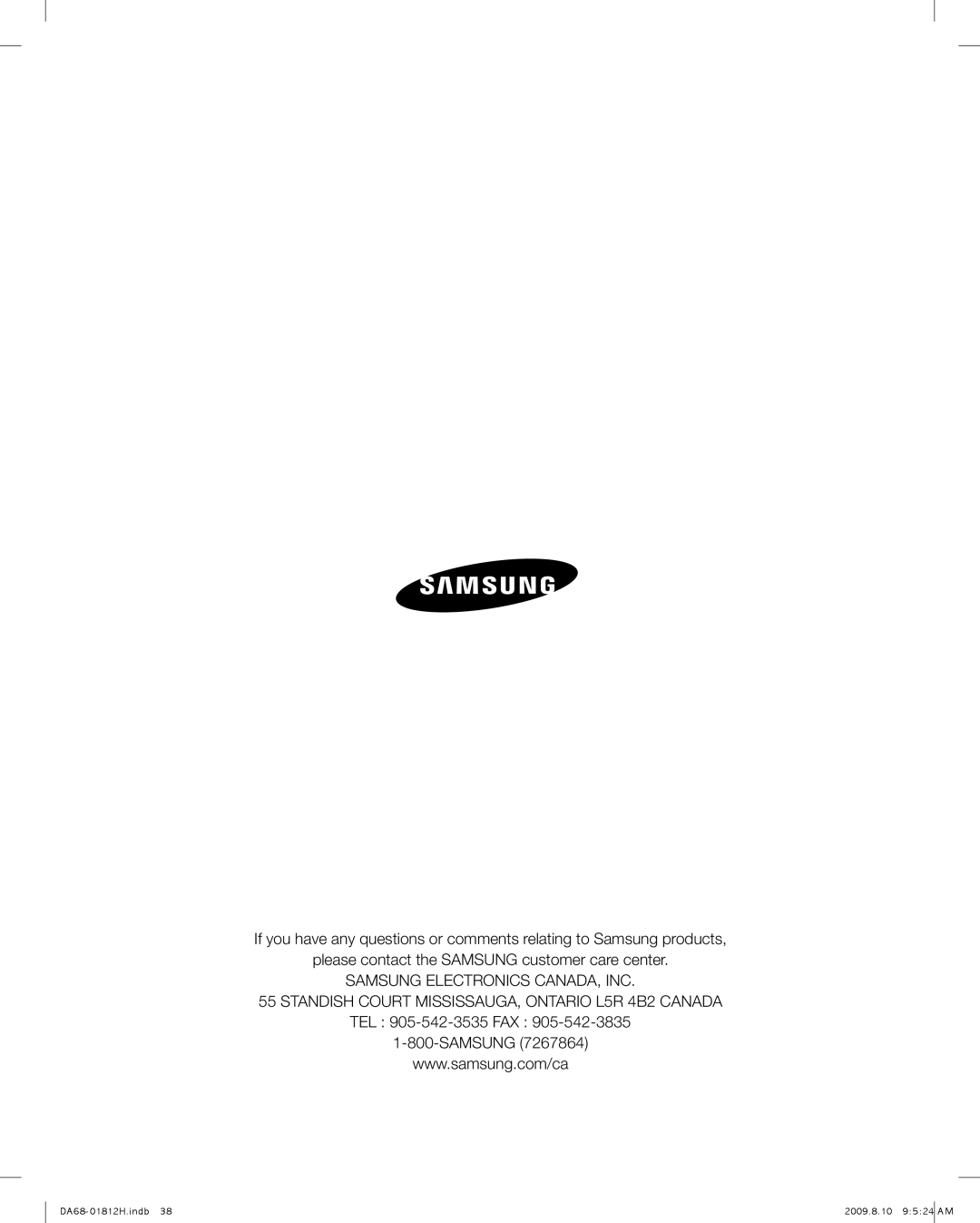 Samsung RF263 user manual TEL 905-542-3535 FAX Samsung 