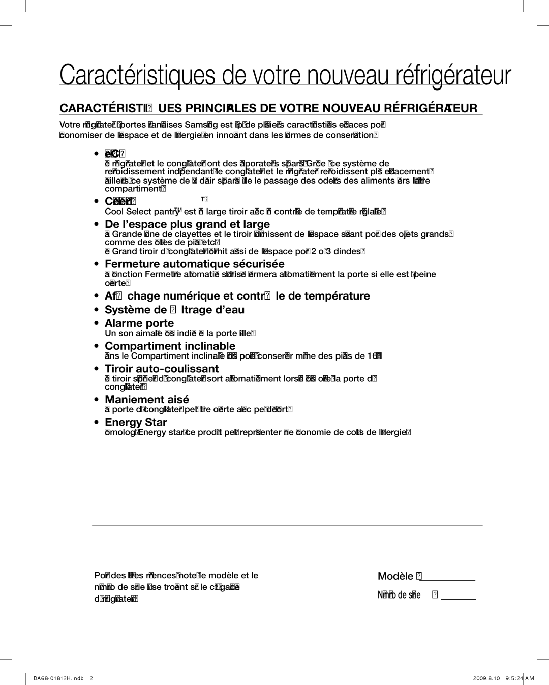 Samsung RF263 user manual CARACtéRIStIqueS pRINCIpAleS de votRe NouveAu RéFRIgéRAteuR, Modèle # Numéro de série # 