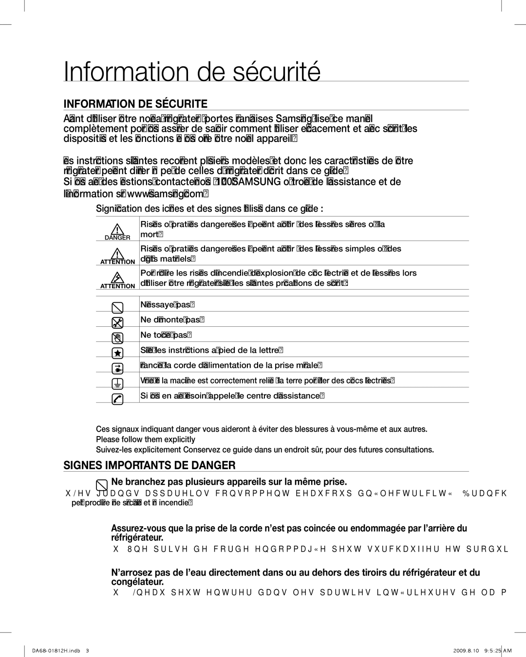 Samsung RF263 user manual Information de sécurité, INFoRMAtIoN de SéCuRIte, SIgNeS IMpoRtANtS de dANgeR 