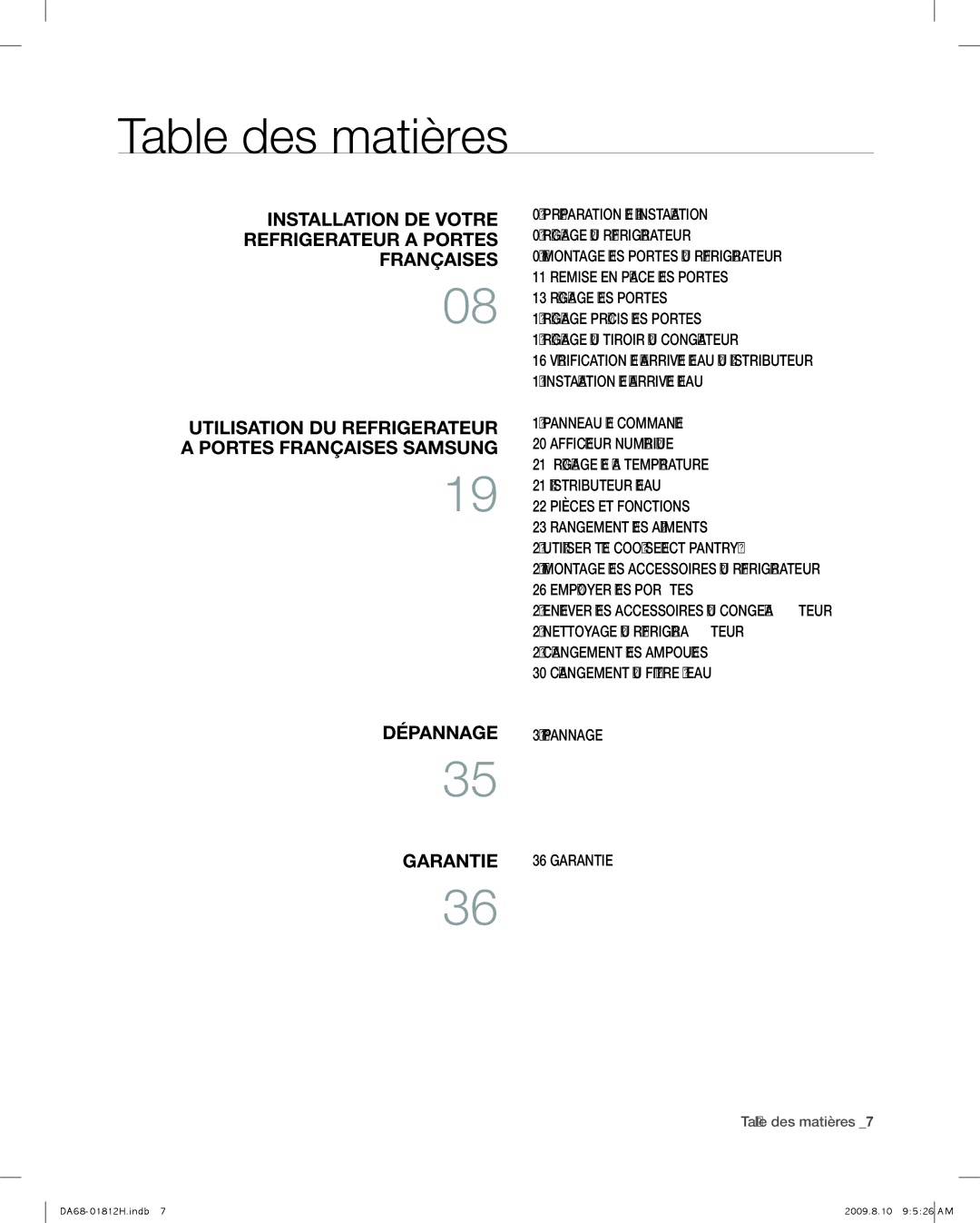 Samsung RF263 user manual Table des matières 