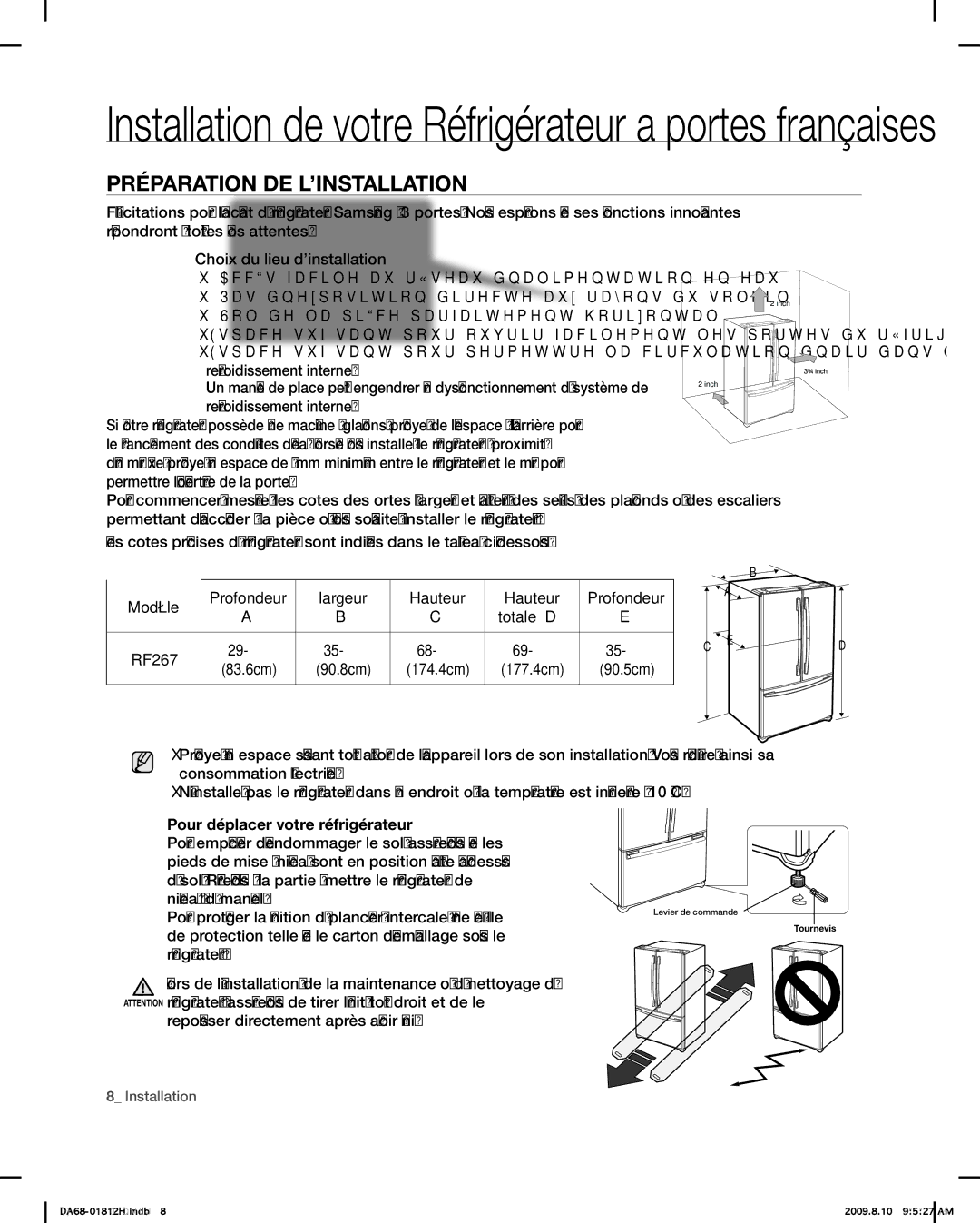 Samsung RF263 user manual Installation de votre Réfrigérateur a portes françaises, Préparation DE L’INSTALLATION 