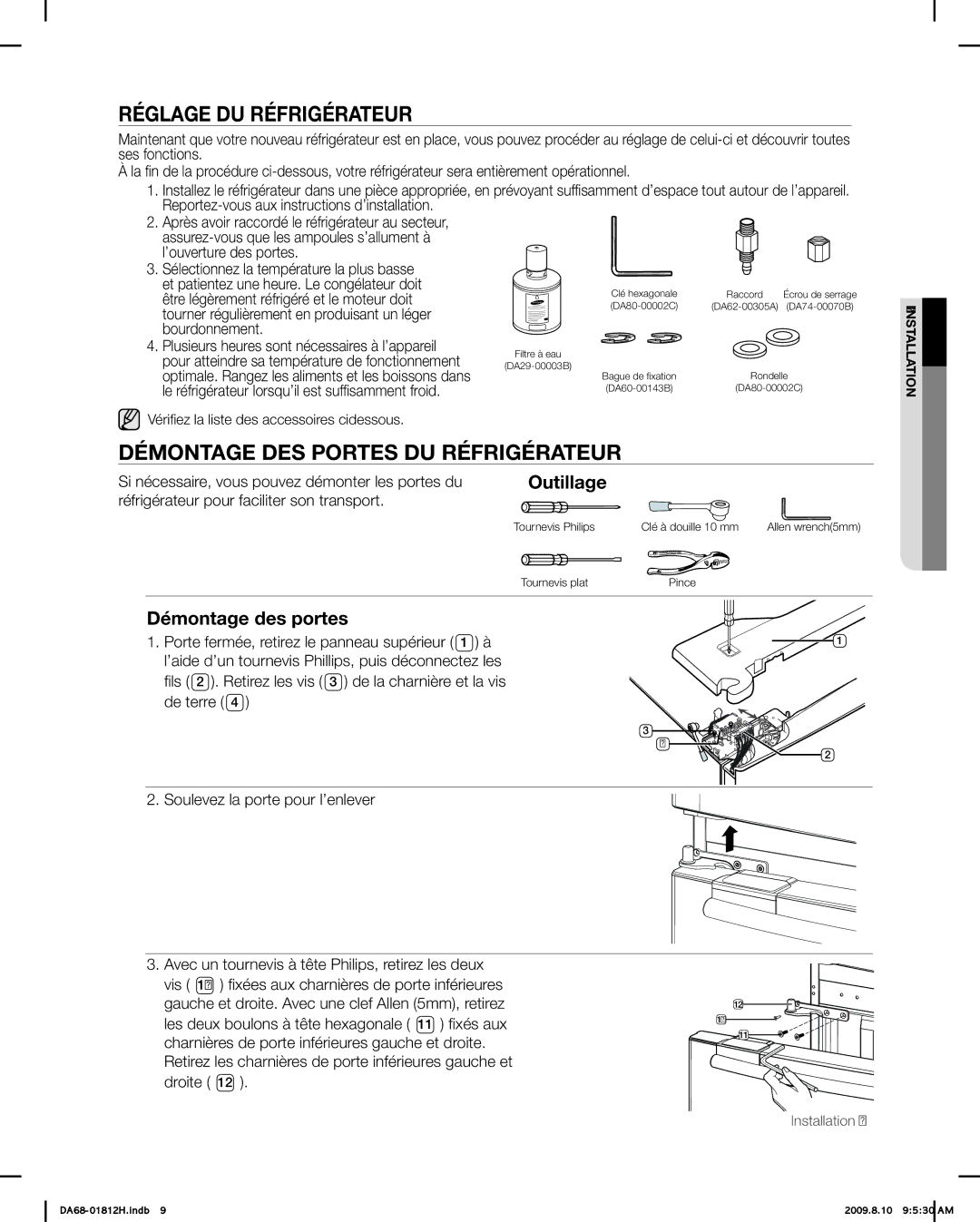 Samsung RF263 user manual Réglage DU Réfrigérateur, Démontage DES Portes DU Réfrigérateur, Outillage, Démontage des portes 