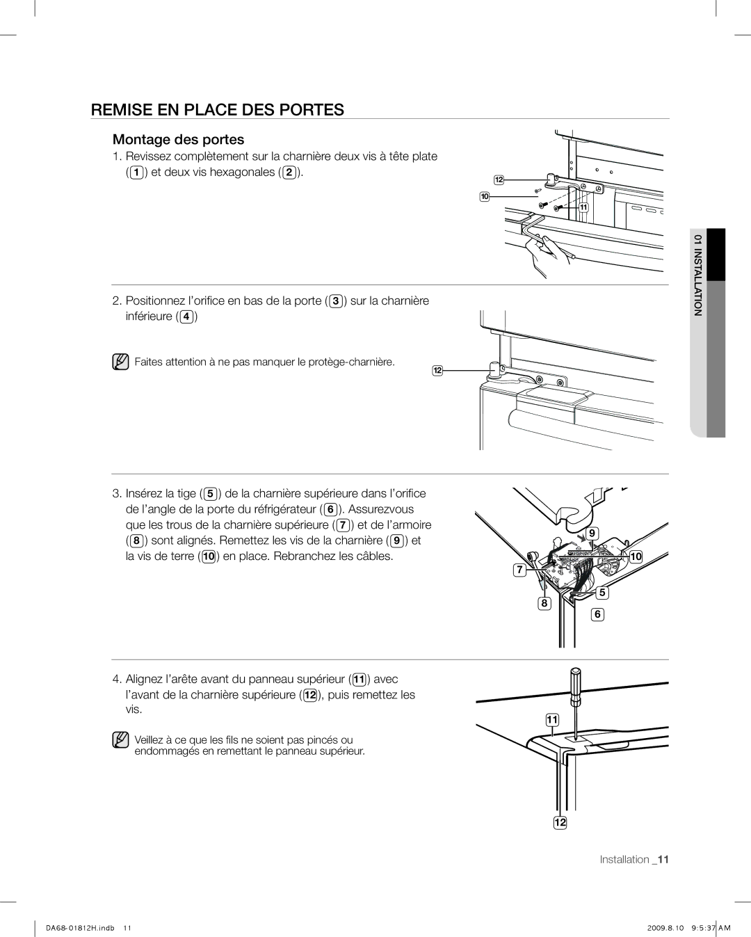 Samsung RF263 user manual Remise EN Place DES Portes, Montage des portes 