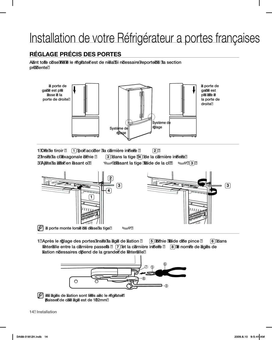 Samsung RF263 user manual Réglage Précis DES Portes 