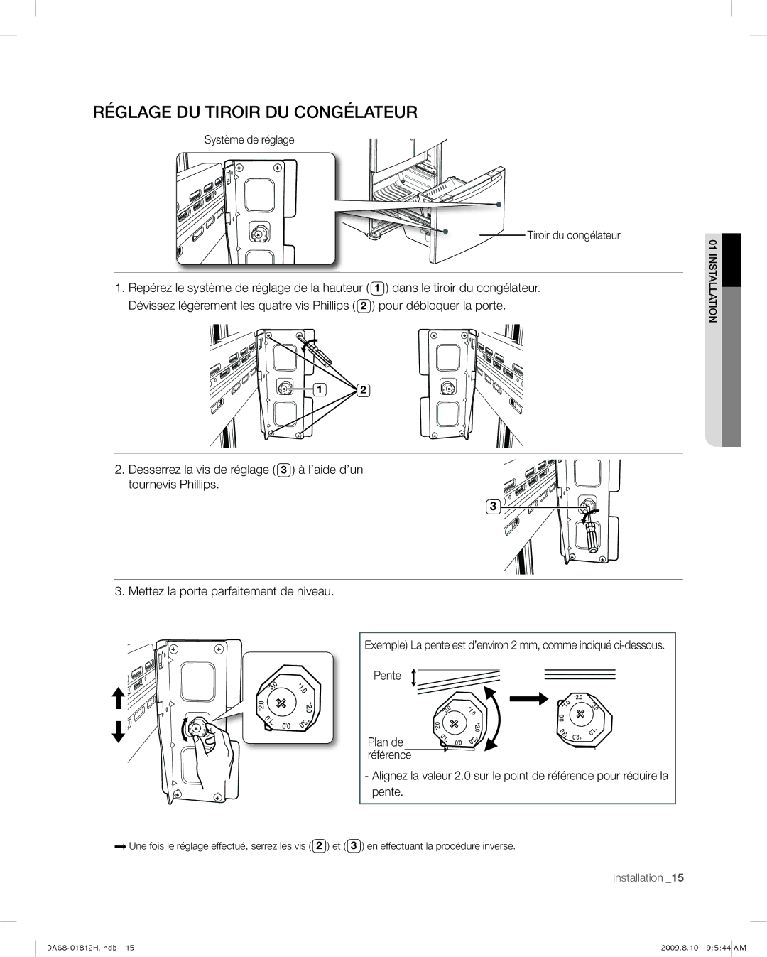 Samsung RF263 user manual Réglage DU Tiroir DU Congélateur 