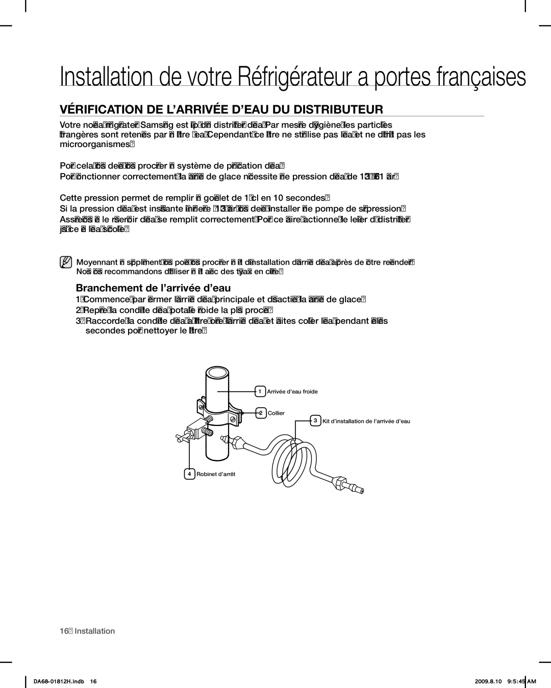 Samsung RF263 user manual Vérification DE L’ARRIVÉE D’EAU DU Distributeur, Branchement de l’arrivée d’eau 