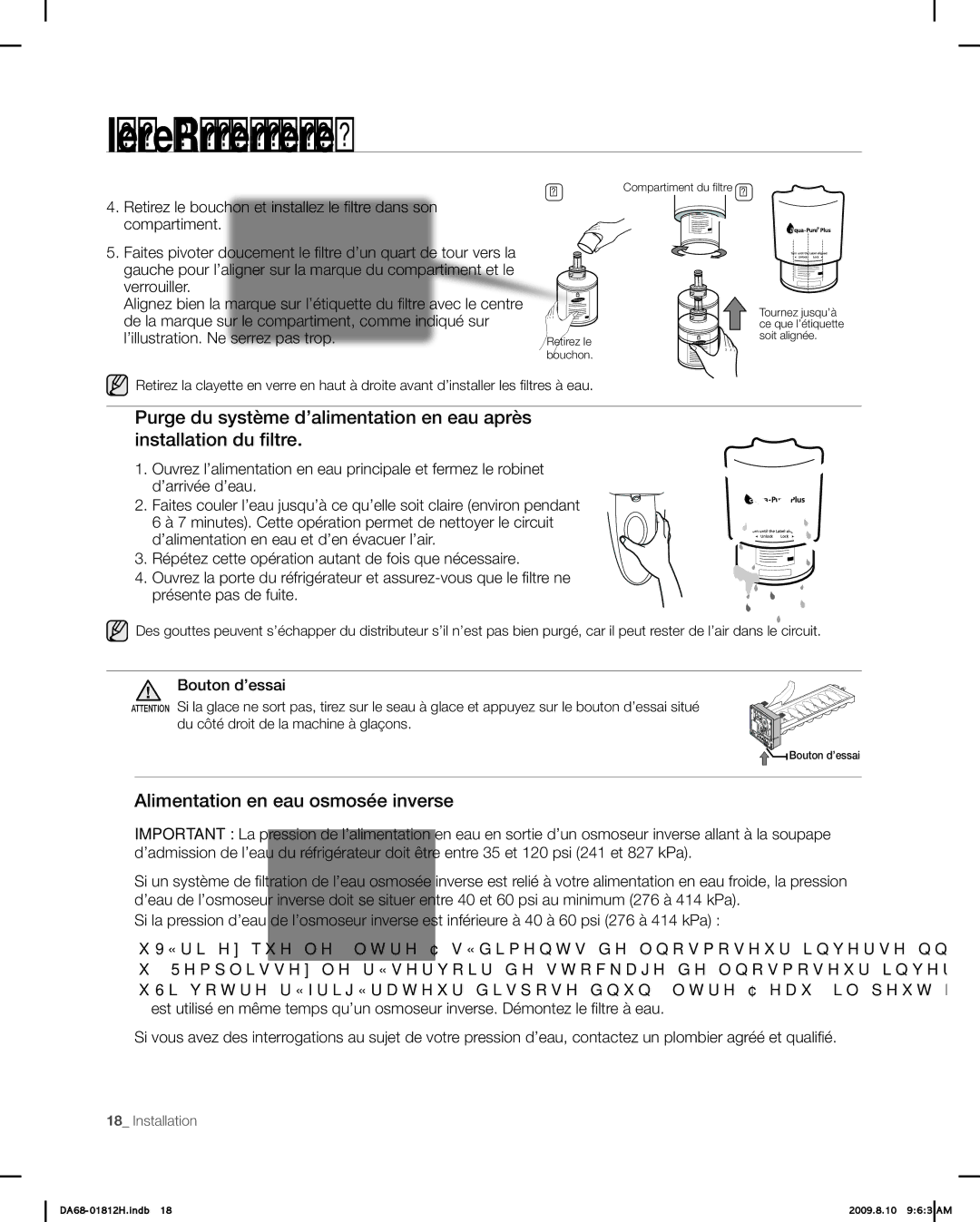 Samsung RF263 user manual Alimentation en eau osmosée inverse 