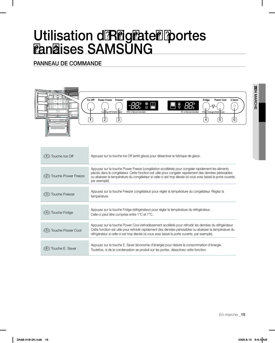 Samsung RF263 user manual Utilisation du Réfrigérateur à portes françaises Samsung, Panneau DE Commande 