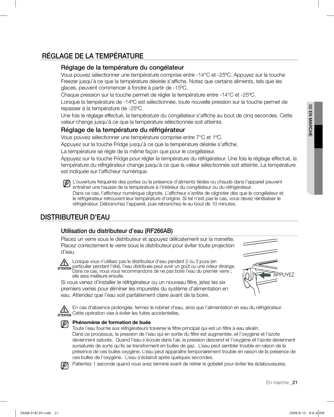 Samsung RF263 user manual Réglage DE LA Température, Distributeur D’EAU, Réglage de la température du congélateur 