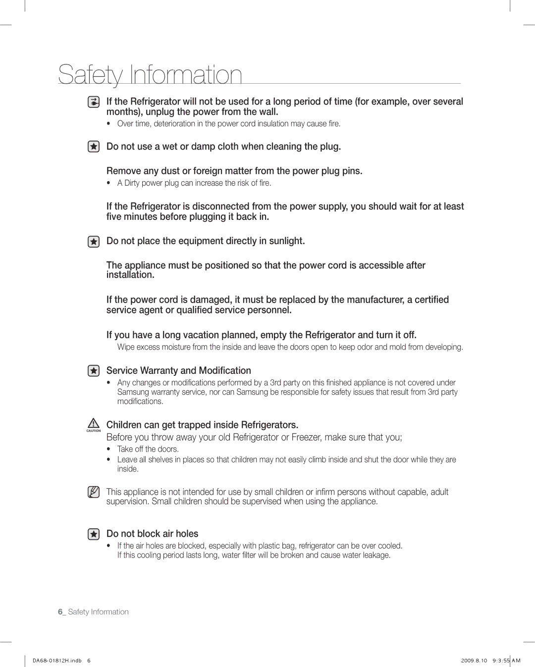 Samsung RF263 Service Warranty and Modification, Children can get trapped inside Refrigerators, Do not block air holes 