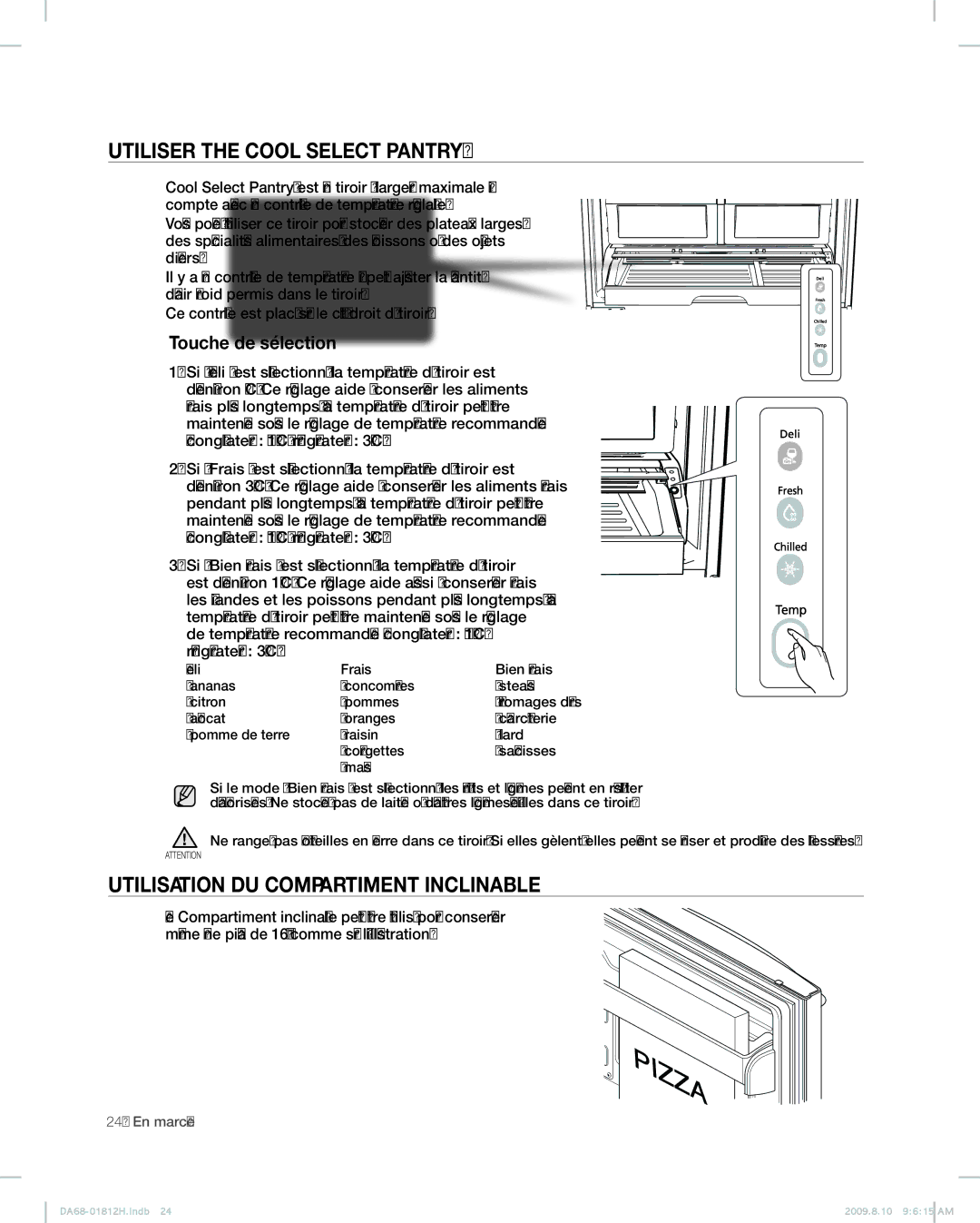 Samsung RF263 user manual UtIlISeR the Cool Select Pantry, UtIlISAtIoN du CoMpARtIMeNt INClINAble, Touche de sélection 