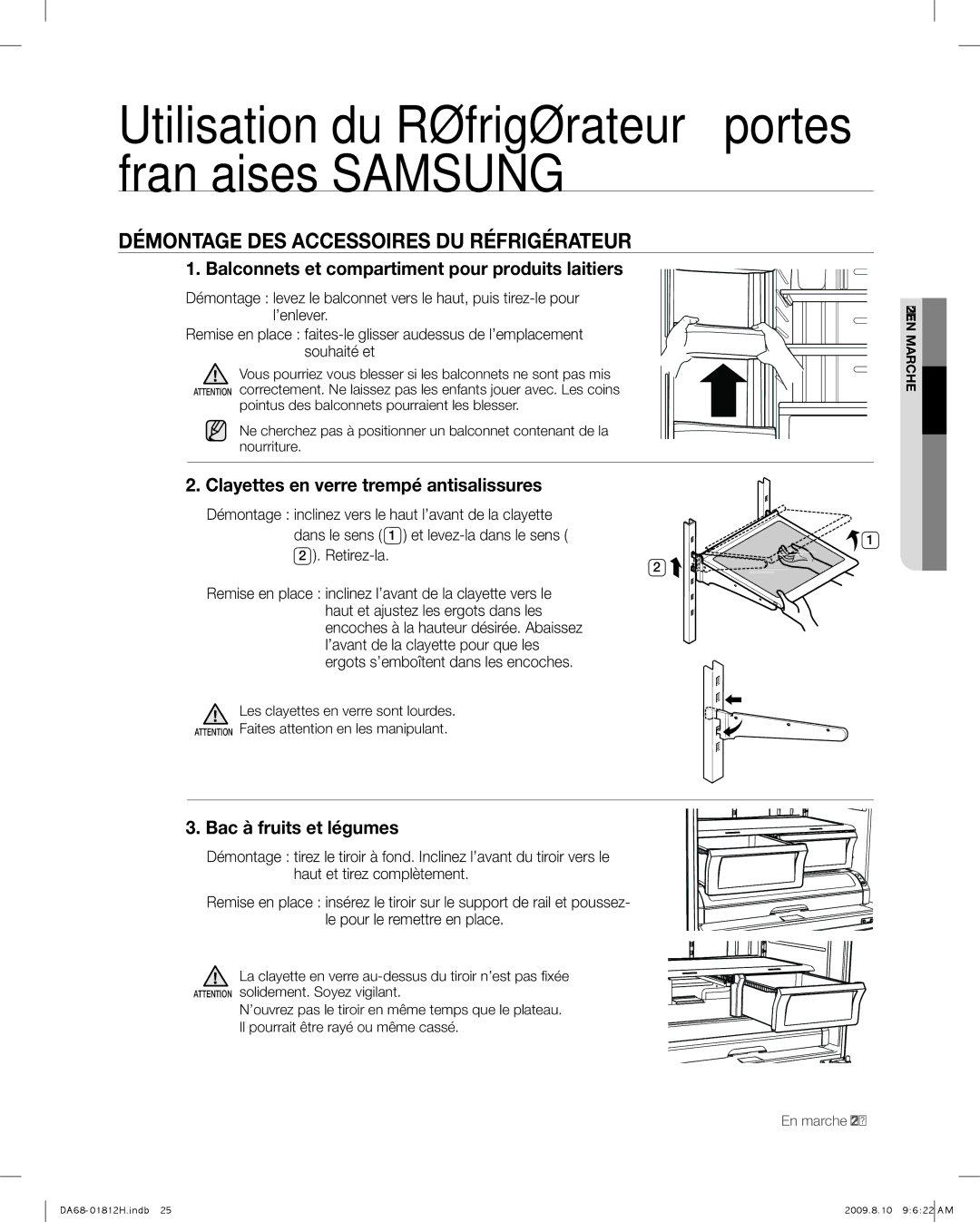 Samsung RF263 user manual Démontage DES Accessoires DU Réfrigérateur, Balconnets et compartiment pour produits laitiers 