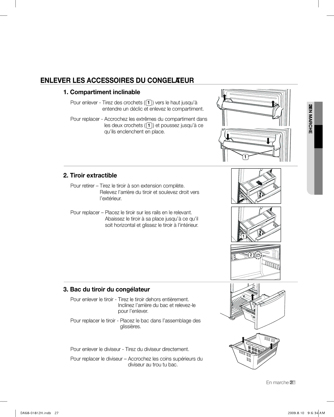 Samsung RF263 user manual ENleveR leS ACCeSSoIReS du CoNgelAteuR, Compartiment inclinable, Tiroir extractible 