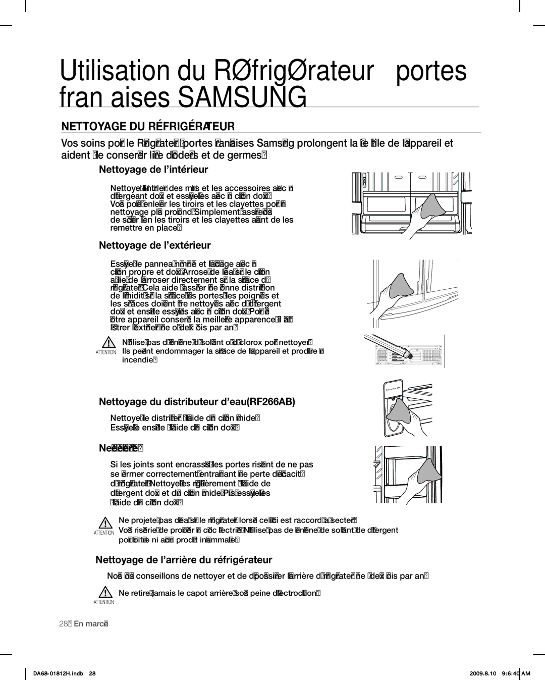 Samsung RF263 user manual NettoYAge du RéFRIgéRAteuR 