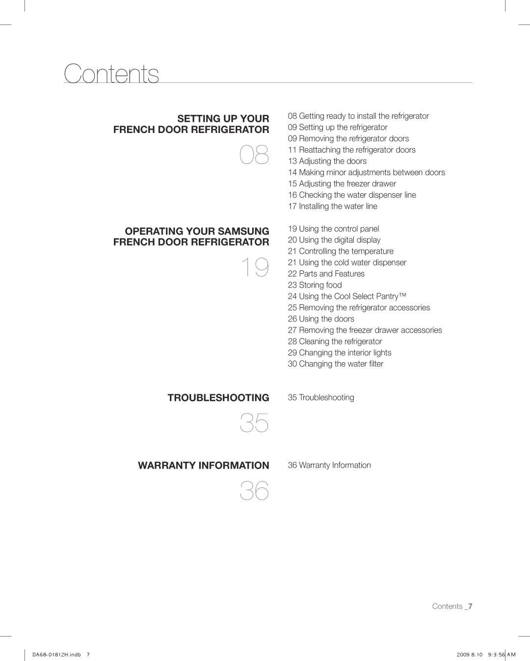 Samsung RF263 user manual Contents 