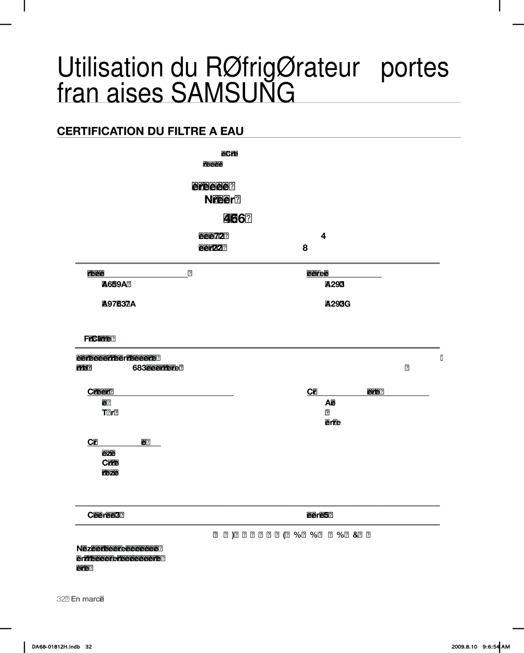 Samsung RF263 user manual Certification DU Filtre a EAU, Dispositif de traitement de leau Numéro de certificat 