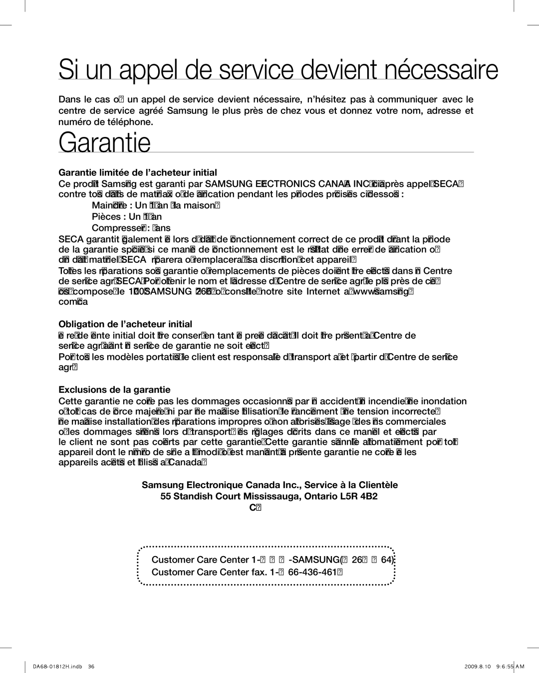 Samsung RF263 user manual Garantie, Si un appel de service devient nécessaire 